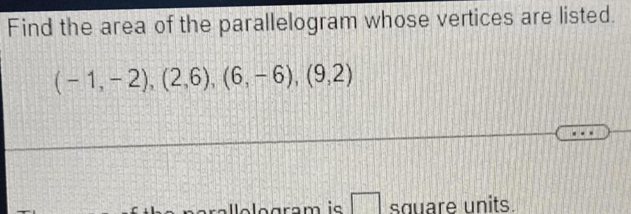 Find the area of the parallelogram whose vertices are listed.