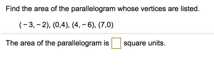 Find the area of the parallelogram whose vertices are listed.